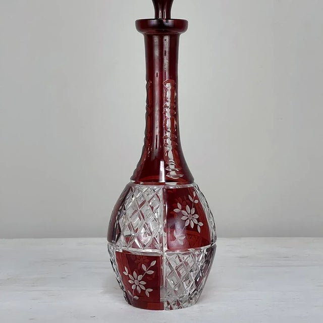 Traditional Antique Cranberry Glass Hand-Cut Crystal Decanter For Sale - Image 3 of 13
