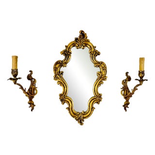 Mirror with Wall Lights, 1980s, Set of 3 For Sale