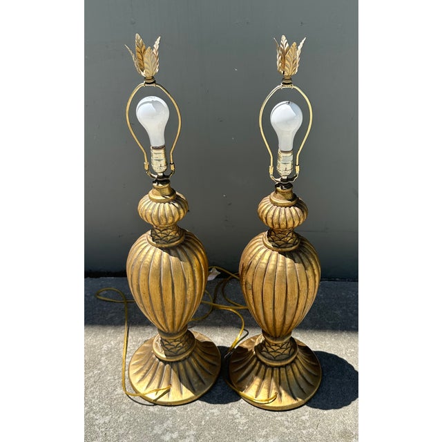 Palatial Italian Lamps Heavy Cast Plaster Gilt Gold Baluster Vase Form Table Lamps - a Pair For Sale - Image 15 of 18