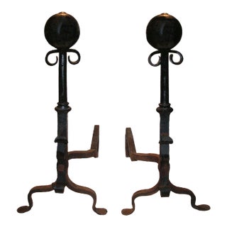 Andirons Cast and Wrought Iron With Scroll and Ball Finials - A Pair For Sale