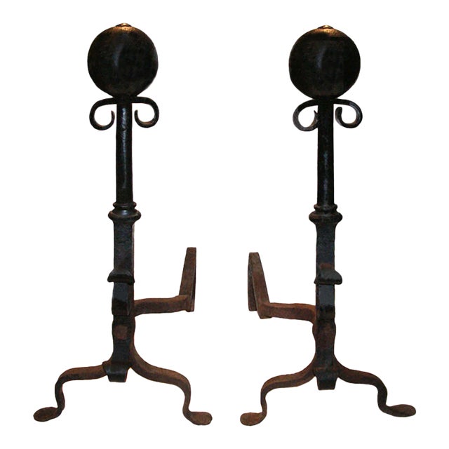 Andirons Cast and Wrought Iron With Scroll and Ball Finials - A Pair For Sale