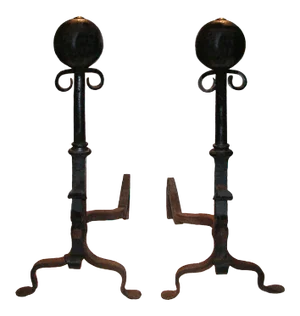 Antique Andirons - Cast and Wrought Iron With Scroll and Ball Finials - A Pair
