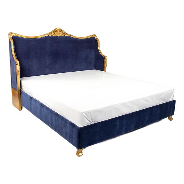 Georgia Queen Bed - Navy Blue Velvet / Gold Painted Frame For Sale