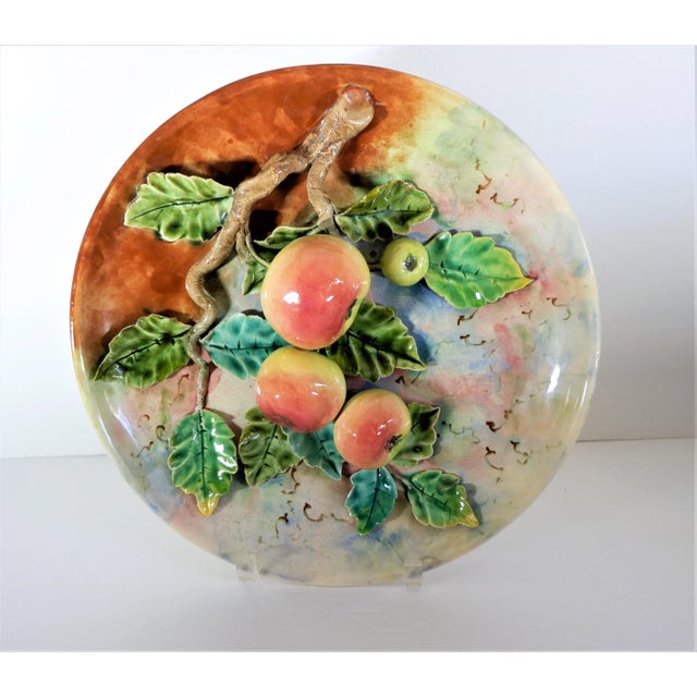 Brown Antique Majolica French Barbotine Palissy Charger/Plate Apples 13” For Sale - Image 8 of 8