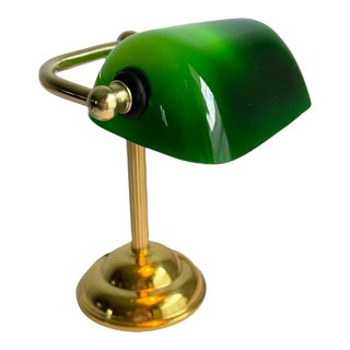 Vintage Mini Bankers Desk Lamp Green Glass Shade Small Petite 7" Tall For Sale