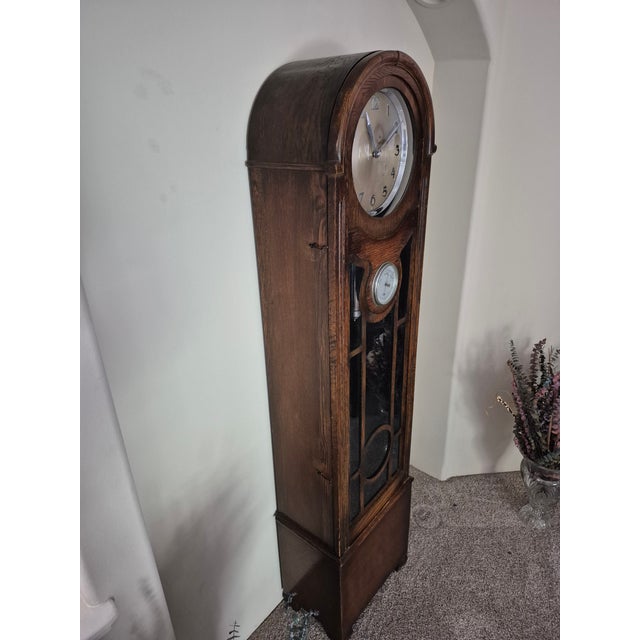 Art Deco Vintage 1930s Antique Oak Chiming Longcase Barometer Clock For Sale - Image 3 of 8