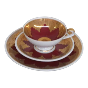 Rwk Bavaria Germany Burgundy Gold Tea Cup Saucer Dessert Plate Set