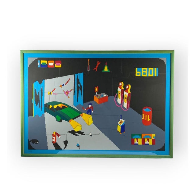 Ugo Nespolo Garage serigraph Italy 1980s Signed and numbered 60/99 Framed with glass in green lacquered wooden frame In...