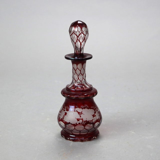 Traditional Antique Bohemian Cranberry Cut to Clear Grape & Leaf Perfume Bottle Circa 1890 For Sale - Image 3 of 5