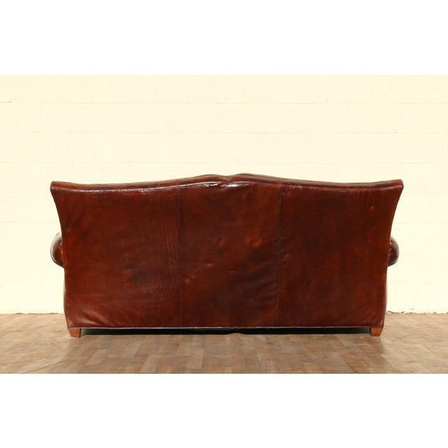 Vintage Art Deco Distressed Brown Leather Three-Seat Sofa With Mustache Back For Sale - Image 13 of 18