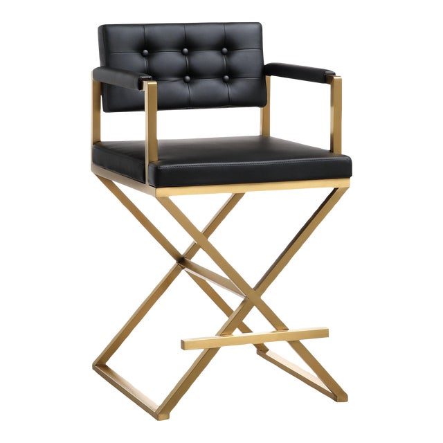 Director Black Vegan Leather & Gold Steel Counter Stool For Sale