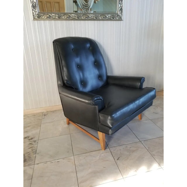 Classic 1950s Heritage Black Lounge Chair Faux Leather Mahogany For Sale - Image 13 of 15
