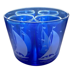 1930s Hazel-Atlas Sportsman Art Deco Cobalt Ice Bucket & Glasses Set- 5 Pieces
