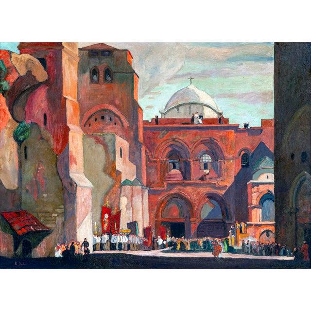 A Vintage Oil Painting of European Architecture on Canvas Board, Framed. Colorful; Salmon, Greens, Pink, red, gray, White,...