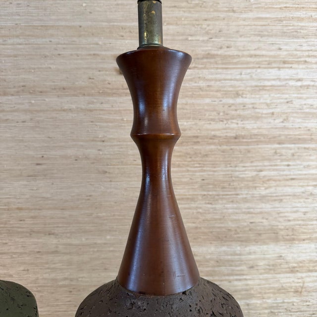 Brown Mid 20th Century Pair of Mid Century Modern Walnut and Ceramic Cork-Style Table Lamps With Original Shades For Sale - Image 8 of 11