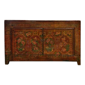 Vintage Chinese Orange Red Brown Floral Graphic Credenza Sideboard Cabinet