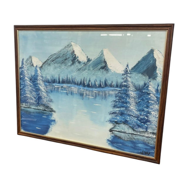 Vintage Framed Snow-Capped Mountain Lake Landscape Painting, Signed, Blue Tonal Scenic Wall Art.. For Sale - Image 4 of 9
