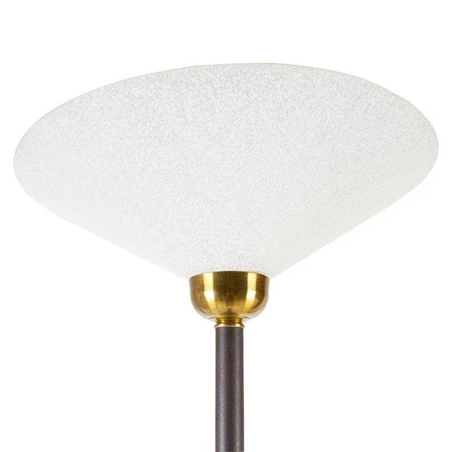 Vintage torchiere floor lamp made of cast iron with a deep burgundy finish and a mottled frost glass shade. Solid brass...