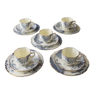 19th Century English Bone China Blue and White Tea Cup Set for Five - 15 pcs For Sale