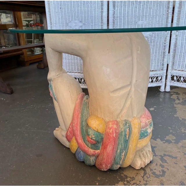 Wood Vintage Balinese Kneeling Figure Sculptural Coffee Table With Round Glass Top | Hollywood Regency Exotic Figural Art Table For Sale - Image 7 of 8