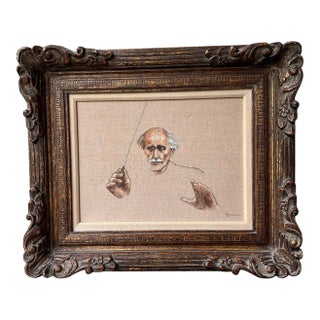 Hand-Painted Portrait of a Music Conductor on Linen by Kanin | Framed Minimalist Art in Carved Wood Frame 20.5” X 24.5” For Sale