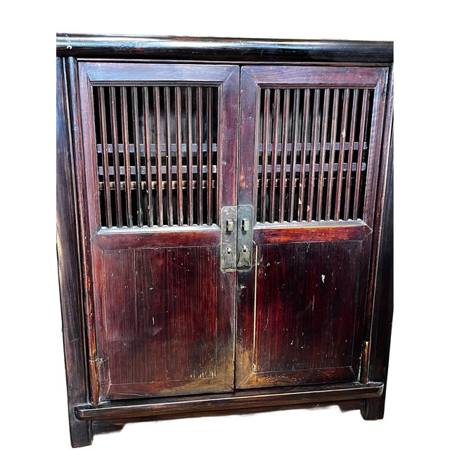 Chinese Small Antique Chinese Country Cabinet With Lattice Doors For Sale - Image 3 of 9