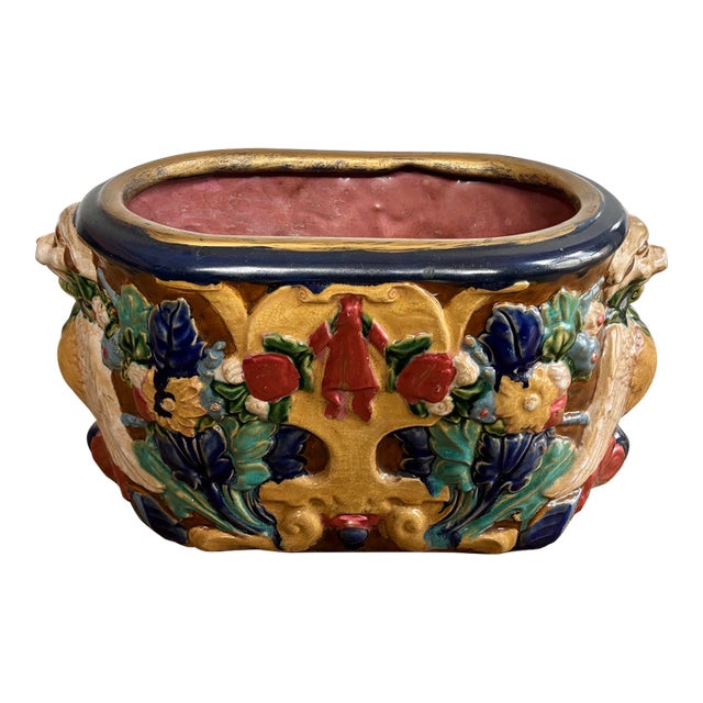 1980s Large Vintage Majolica Style Planter Cachepot With Rams For Sale
