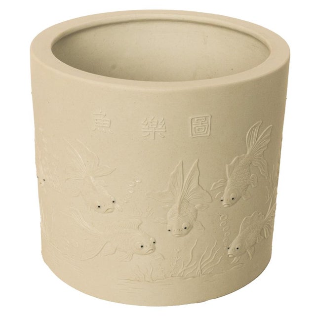 Asian Antique Chinese Qing Biscuit Porcelain Scholar's Brush Pot Bitong Gold Fish 1850 For Sale - Image 3 of 16