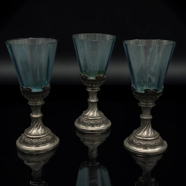 Art Nouveau Glasses with Metal Bases, 1900s, Set of 3, in Very Good conditions. Designed 1890 to 1919