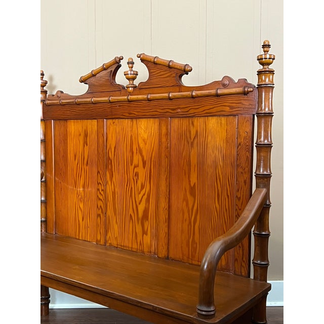 Brown Antique English Faux Bamboo Pine Hall Bench Victorian High Back Settle C1890 For Sale - Image 8 of 18