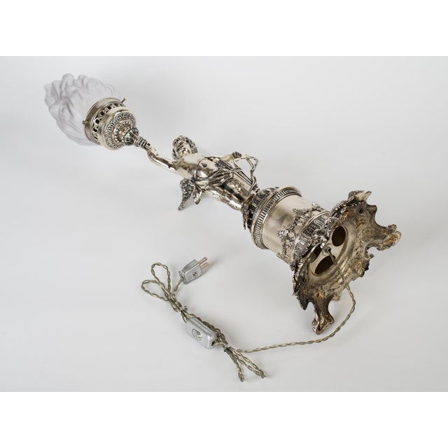 1950s Spanish Empire Silver-Plated Cast Brass Cupid Cherub Lamp With Scavo Flame Shade For Sale - Image 11 of 13
