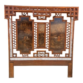 1970s Henredon Chinoiserie Bamboo King Headboard With Gilt Landscape Panels For Sale