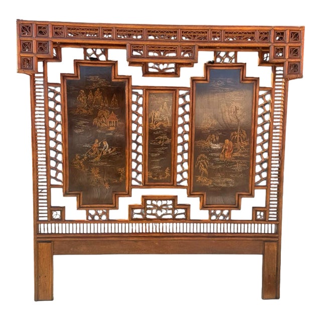 1970s Henredon Chinoiserie Bamboo King Headboard With Gilt Landscape Panels For Sale