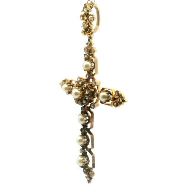 Metal Victorian 14k Rose Gold Pearl & Old Mine Diamond Cross Pendant, C. 1890 For Sale - Image 7 of 13