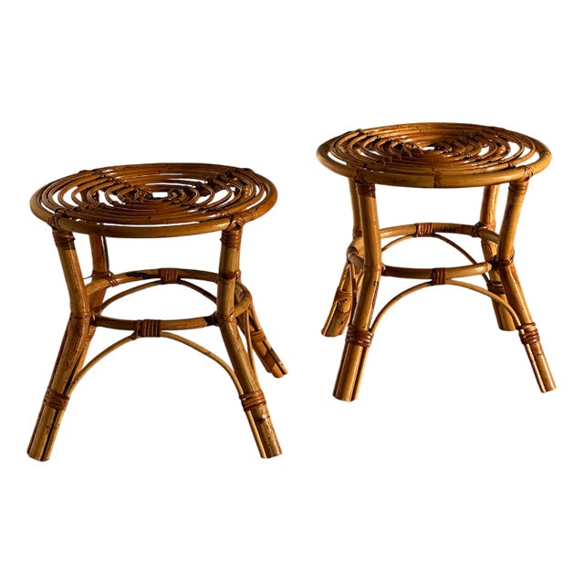 Vintage Rattan Stools, 1970s, Set of 2 For Sale
