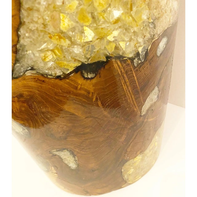Wood 1990s Vintage Crushed Amber Glass and Resin Teak Wood Stool For Sale - Image 7 of 9