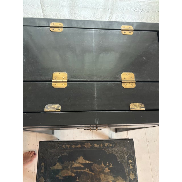 Vintage Chinoiserie Black Lacquer Folding Dressing Table/Vanity With Original Mirror and Matching Stool, 2 Pieces For Sale - Image 10 of 10
