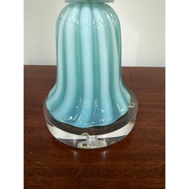 Beautiful Vintage Turquoise Murano Opaline Glass Lamp With Ribbed and Flared Shape For Sale - Image 9 of 9