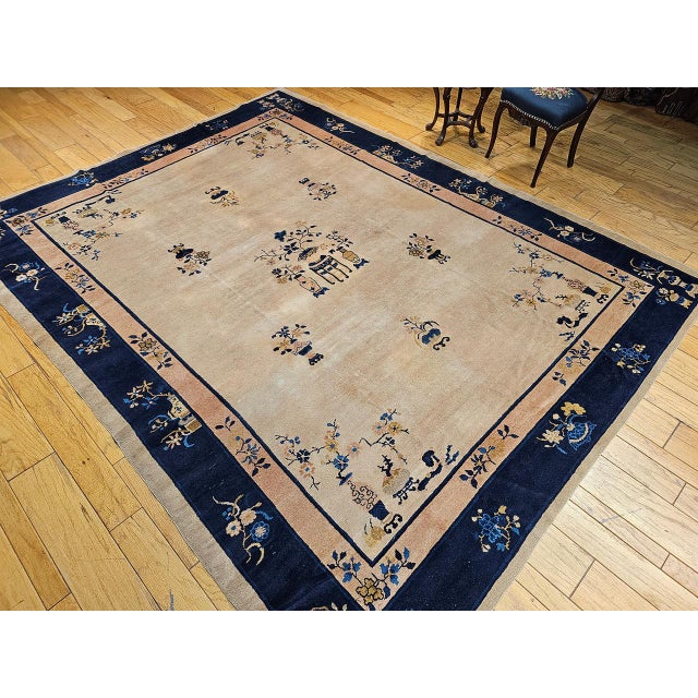 Antique Chinese Peking Rug, Hand-Knotted Wool Pile, Pale Tan & Blue, 9' x 12' For Sale In Chicago - Image 6 of 18