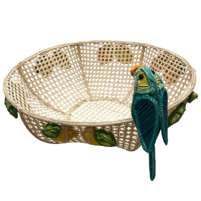 Beige Vintage Tropical Raffia & Cane Fruit Bowl With Perched Parrot & Lemon Accents For Sale - Image 8 of 12