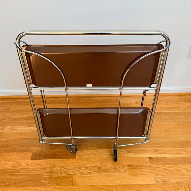 Vintage 1970s German Bremshey Chrome & Brown Folding Bar Cart For Sale - Image 9 of 10
