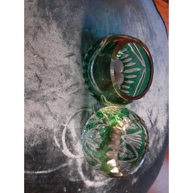 EXQUISITE Bohemia Czech Pair of 4" Emerald Green Cut To Clear Votive Holders. This exquisite pair of 4" votive holders...