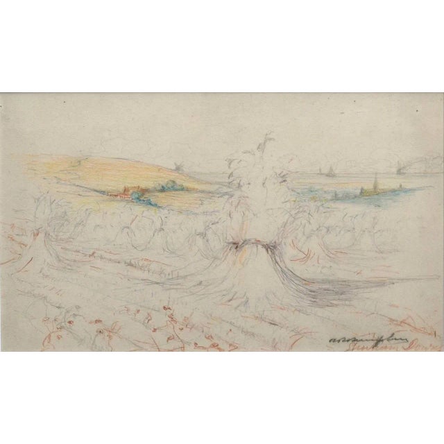 Lovely colored pencil landscape sketch of Shorham Downs, United Kingdom. Circa 1930. Signature in lower right corner is...