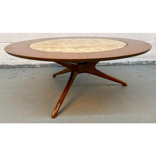 Mid 20th Century Mid-Century Modern Wood Coffee Table W/ Faux Marble Glass Top For Sale - Image 5 of 11