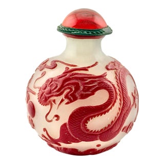 Chinese Peking Glass Snuff Bottle-Carved Red Cameo Overlay Dragon & Phoenix Design, 19th Century For Sale