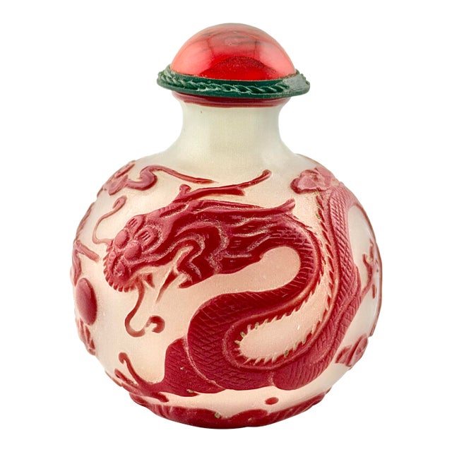 Chinese Peking Glass Snuff Bottle-Carved Red Cameo Overlay Dragon & Phoenix Design, 19th Century For Sale