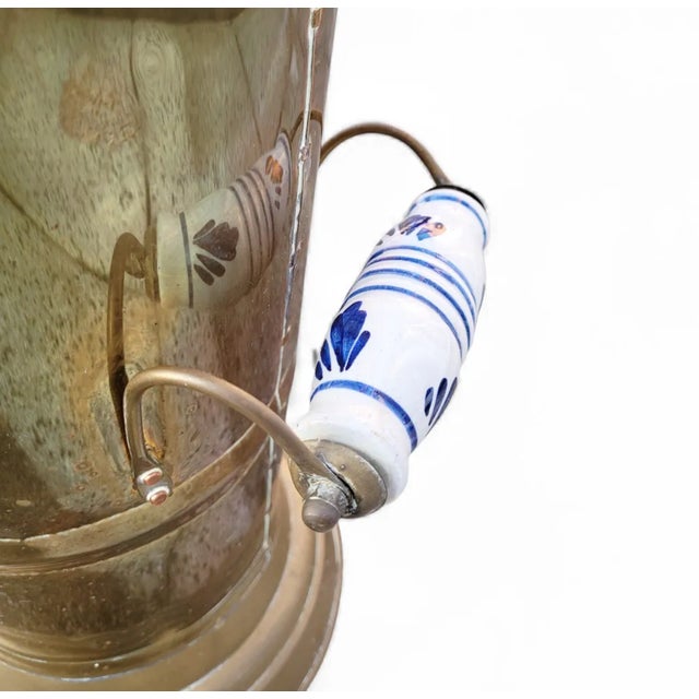 Gold Antique Dutch Brass Umbrella Stand with Delft Blue Ceramic Handles, Netherlands, 1890 For Sale - Image 8 of 18