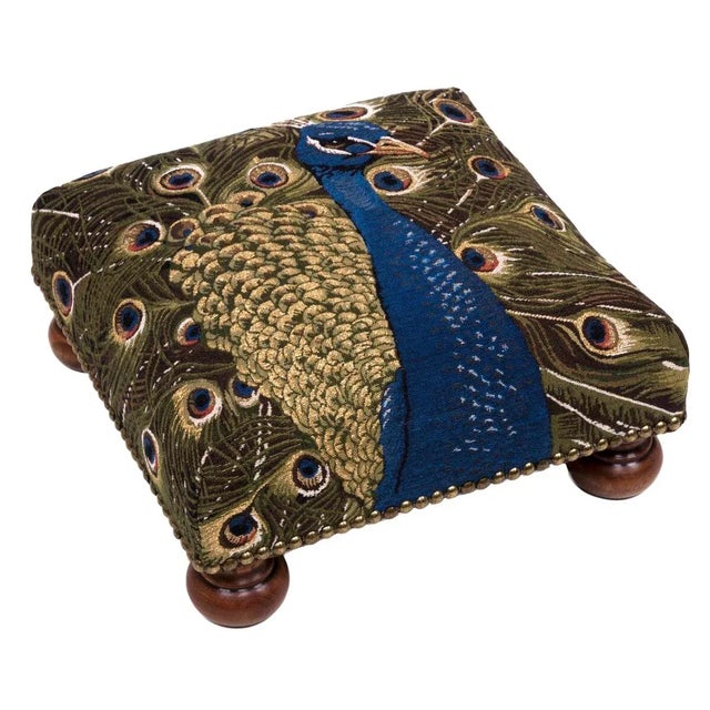 English 00 English Traditional Peacock Tapestry Footstool With Bun Feet For Sale - Image 3 of 3
