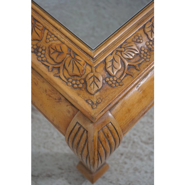 Glass & Carved Wood Square Cocktail Coffee Table For Sale - Image 13 of 14