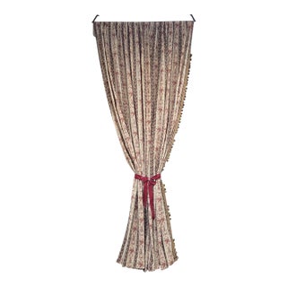 Antique 1920s French Cotton Curtain Panel, Pink and Brown Stripe With Florals For Sale